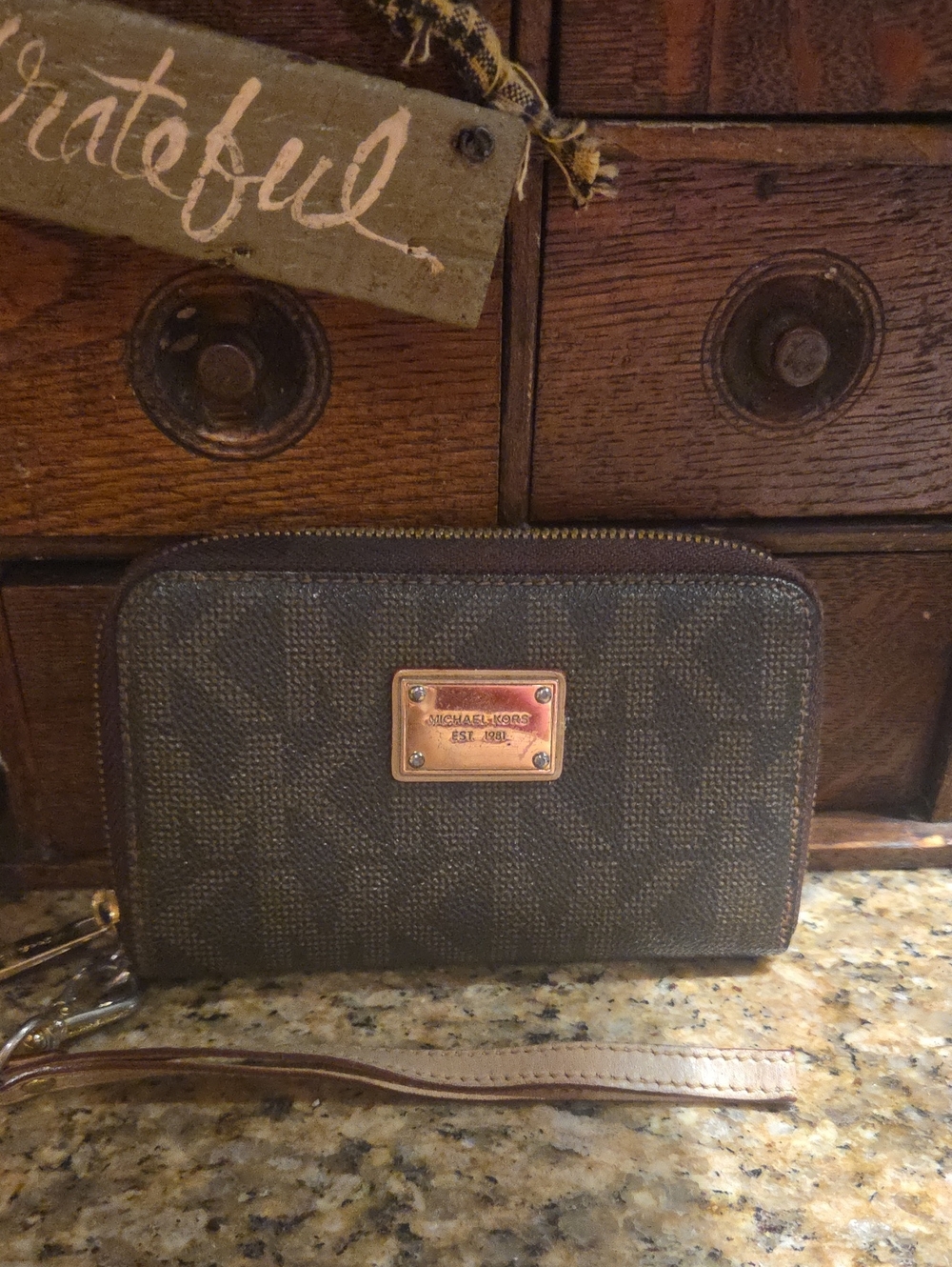 Michael Kors Dark Brown Logo Zip-Around Wristlet Wallet with Gold Plate
